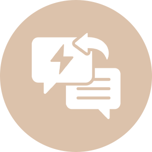 Two overlapping chat bubbles with a lightning bolt inside one, symbolizing dynamic conversation.