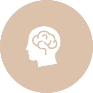 Illustration of a human head with a brain symbol inside, on a beige background.