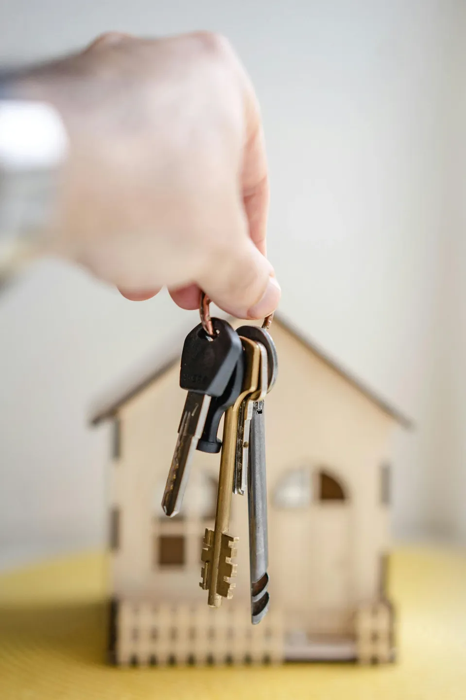 Hand holding keys in front of house.